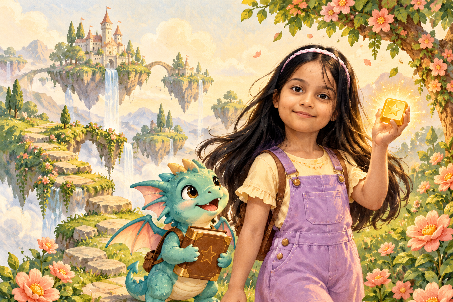A girl with a golden star key beside a small teal dragon in a floating garden